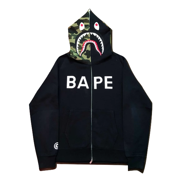 A Bathing Ape Letter Logo Half Camo Shark Full Zip Up - Black/Green Camo Hood - Used Bape