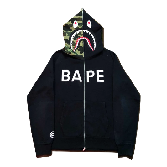 A Bathing Ape Letter Logo Half Camo Shark Full Zip Up - Black/Green Camo Hood - Used