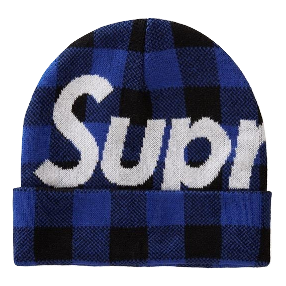 Supreme Big Logo Beanie - Blue Plaid - Used Supreme
