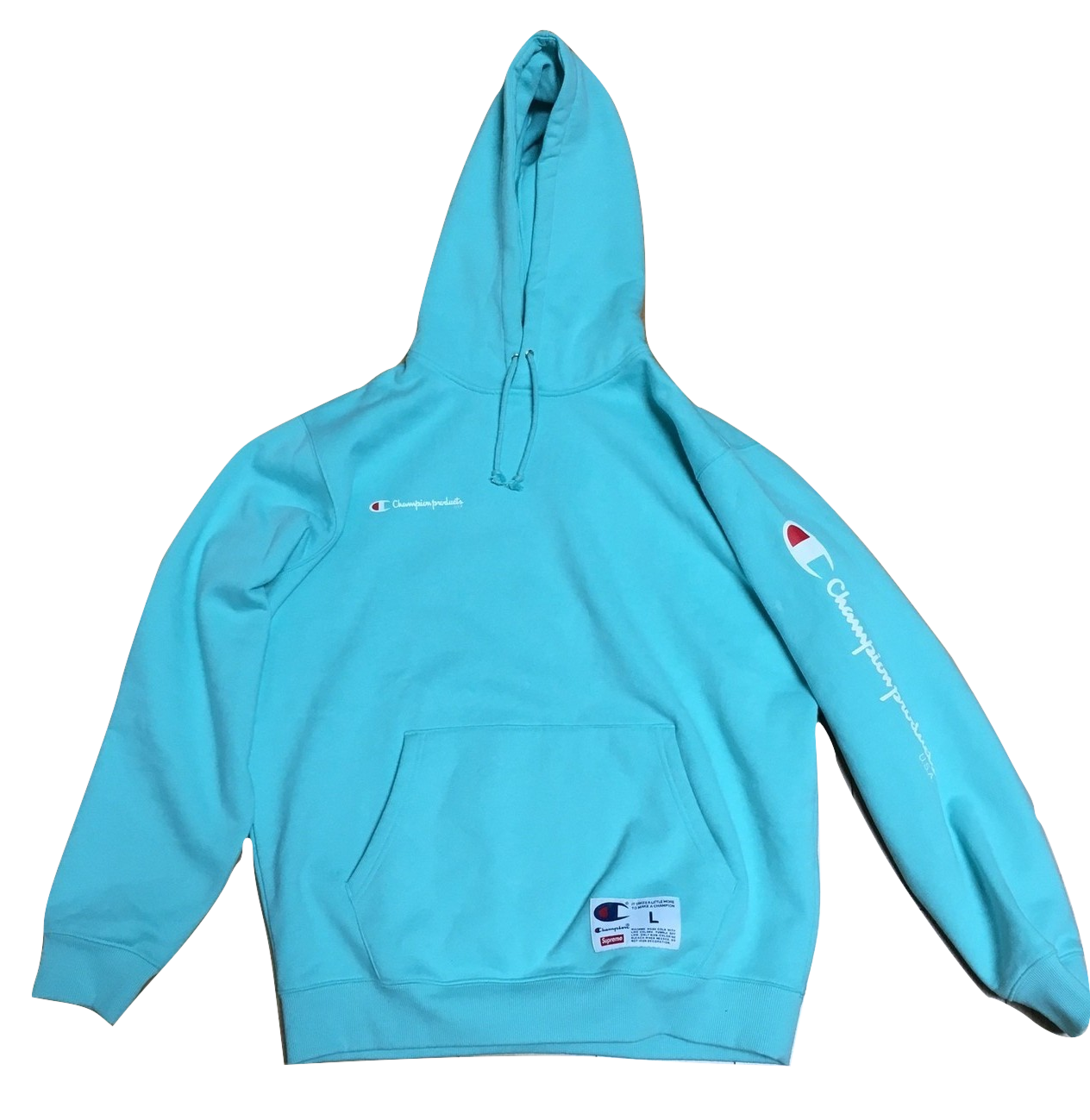 Installation Kalksten Folkeskole Supreme x Champion Hoodie - Aqua – Grails SF