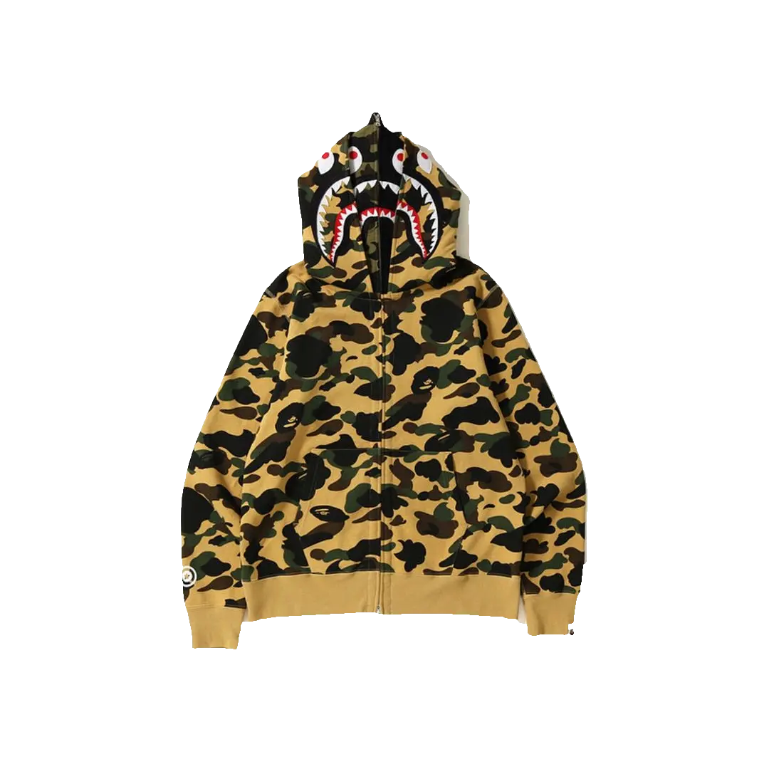 A Bathing Ape 1st Camo Shark Wide Full Zip Double Hoodie - Yellow Camo Bape