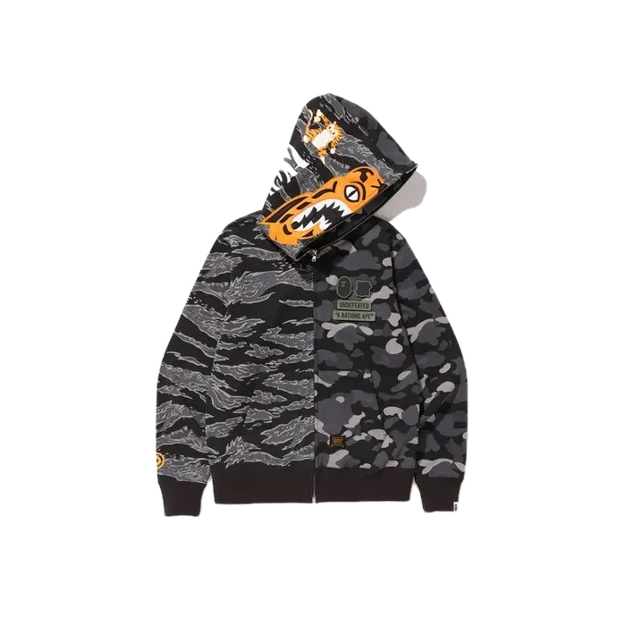 Bape x Undefeated Tiger Shark Half Full Zip Hoodie - Black/Grey Camo - Used Bape