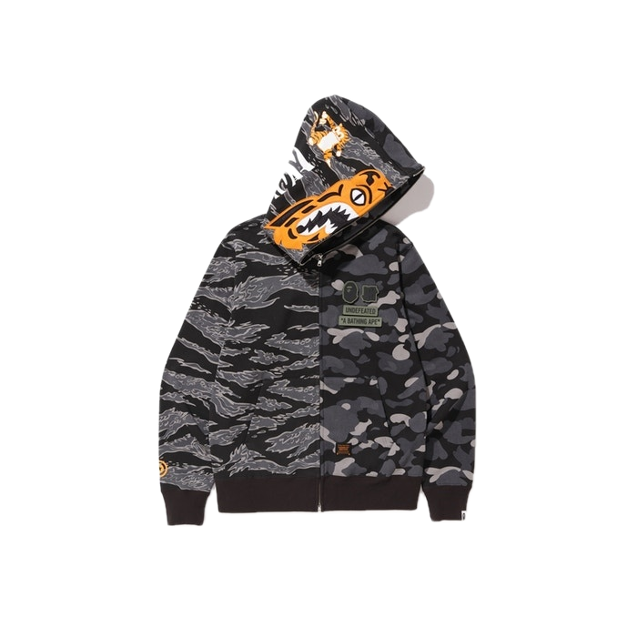 Bape x Undefeated Tiger Shark Half Full Zip Hoodie - Black/Grey Camo
