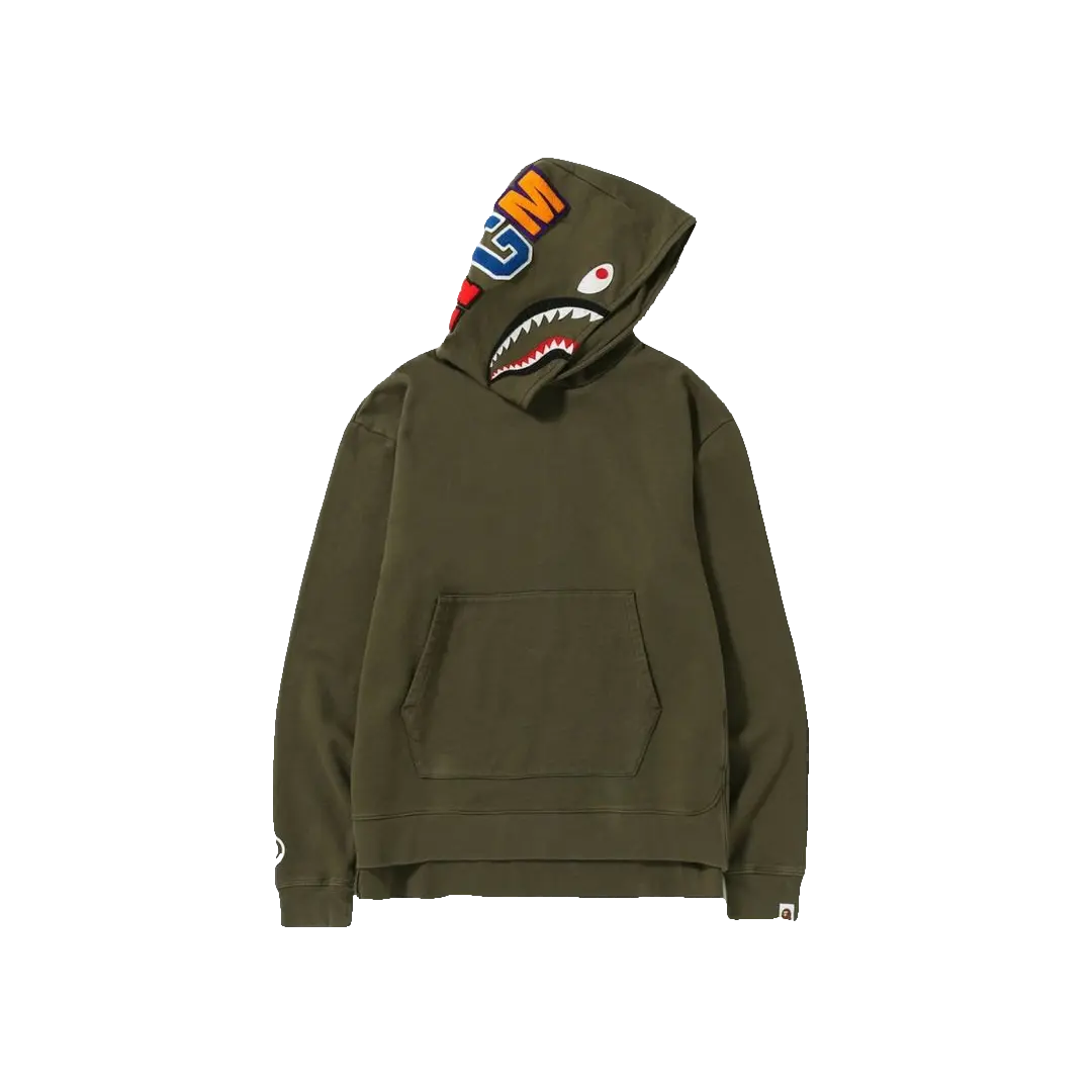 A Bathing Ape Vintage Wash Shark Wide Pullover Hoodie - Olive Drab Bape
