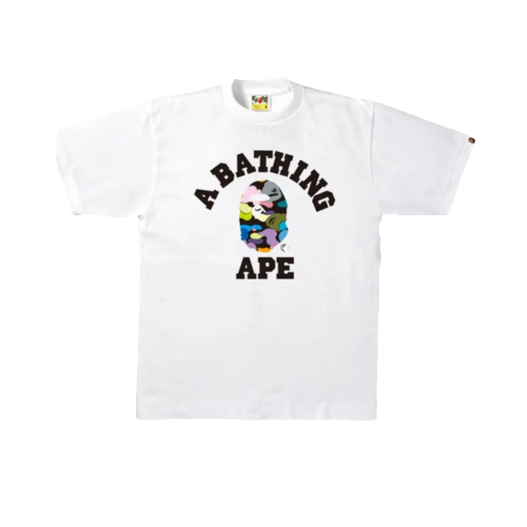 A Bathing Ape Multi Camo College Tee - White/Multicolor - Used Bape