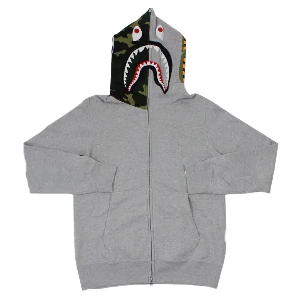 A Bathing Ape Shark Hoodie Spilt Hood Green Camo - Grey - Used Bape