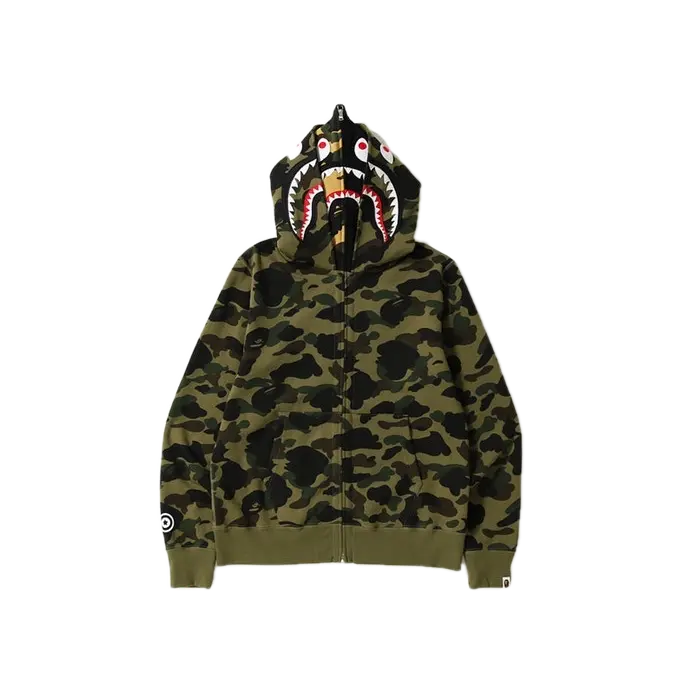 Bape 1st Camo Shark Wide Double Hoodie - Green Bape