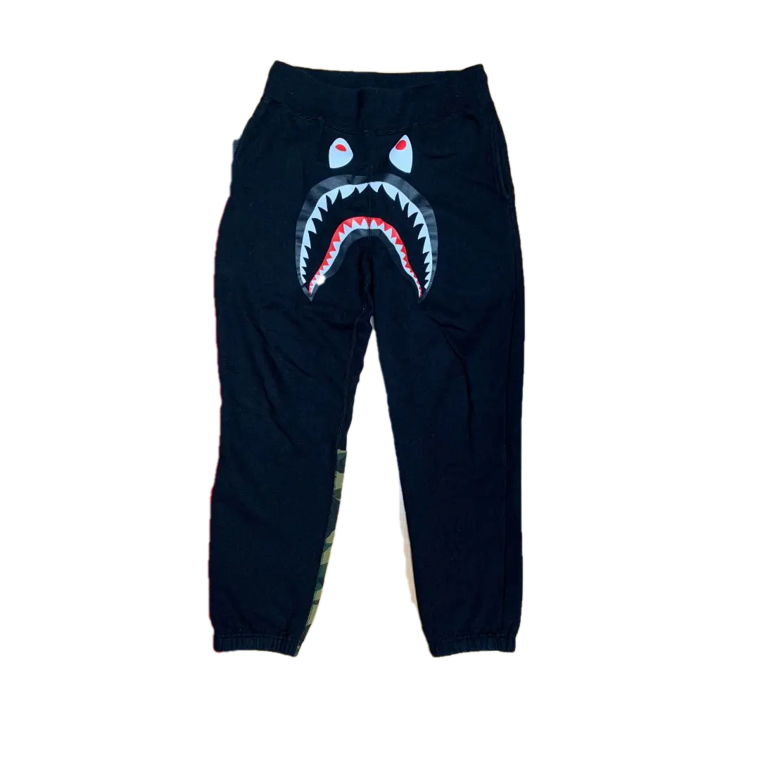 Bape Shark Slim Sweat Pant - Black/Green Camo Right Leg - Used Bape