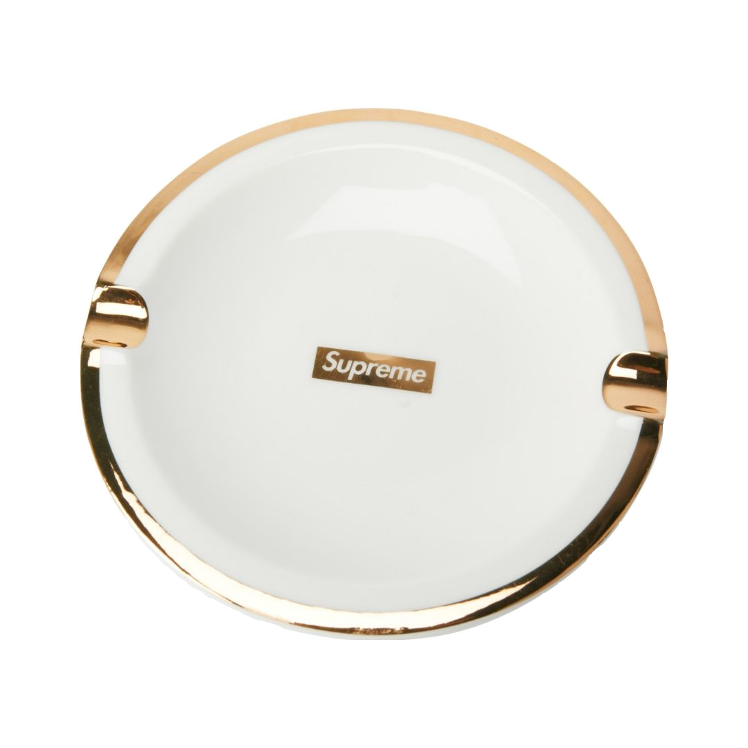 Supreme Gold Trim Ceramic Ashtray - White