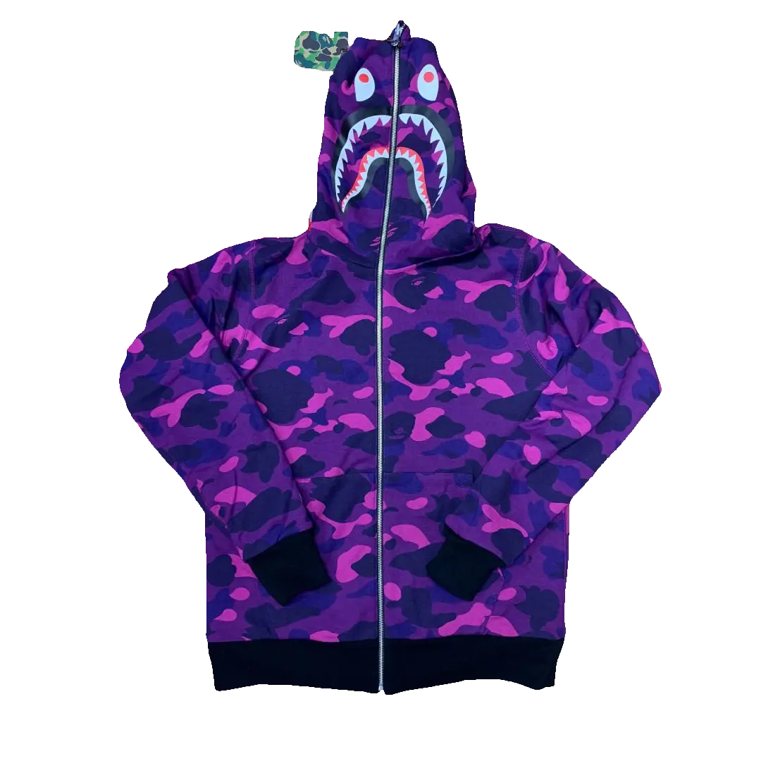 Bape Color Camo Reversible PONR Shark Full Zip Hoodie - Black/Purple Bape