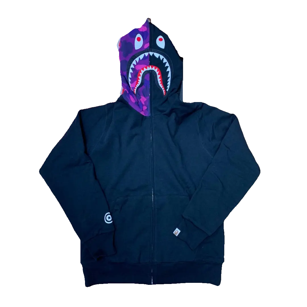 Bape Color Camo Reversible PONR Shark Full Zip Hoodie - Black/Purple Bape