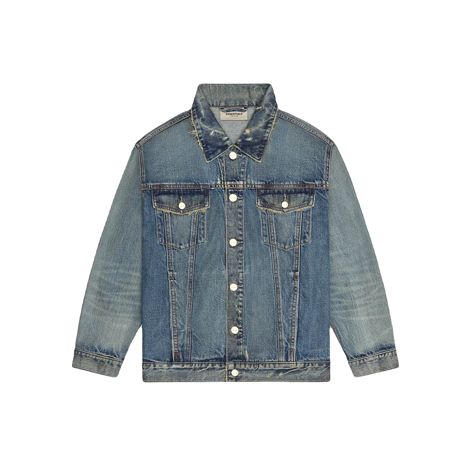Fear of God Essentials Denim Trucker Jacket - Distressed Indigo - Used Fear of God