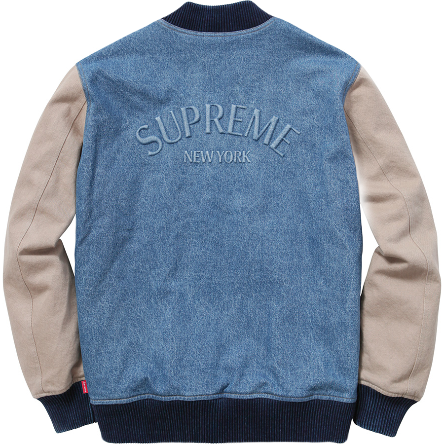 Supreme Embossed Denim Varsity Jacket - Blue/Tan (FW14) - Used Supreme