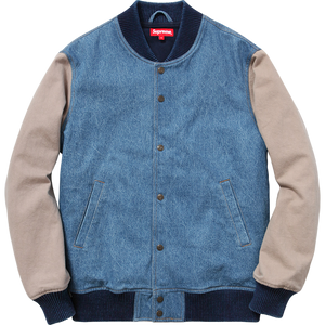 Supreme Embossed Denim Varsity Jacket - Blue/Tan (FW14) - Used Supreme