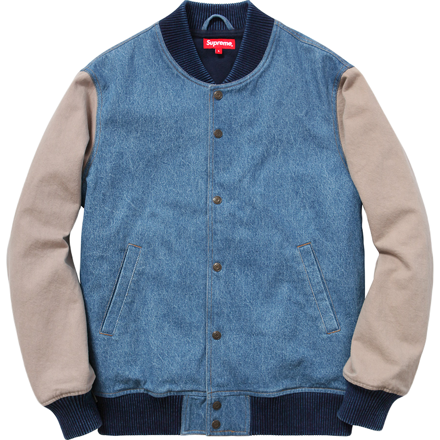 Supreme Embossed Denim Varsity Jacket - Blue/Tan (FW14) Supreme