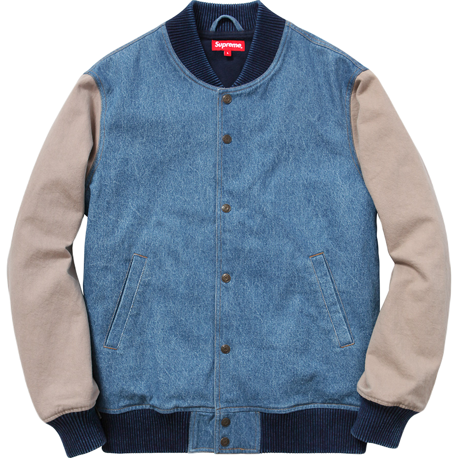 Supreme Embossed Denim Varsity Jacket - Blue/Tan (FW14)