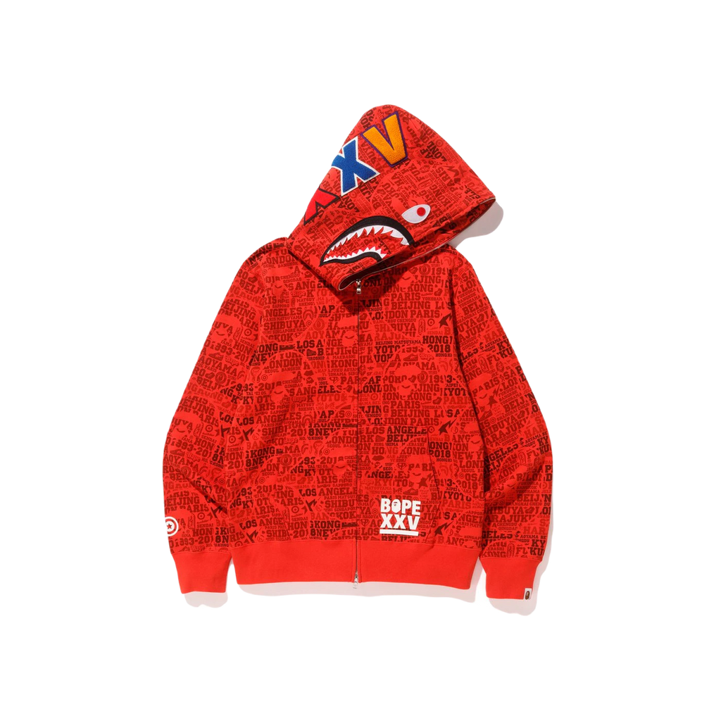 A Bathing Ape XXV Cities Camo Shark Full Zip Hoodie - Red - Used