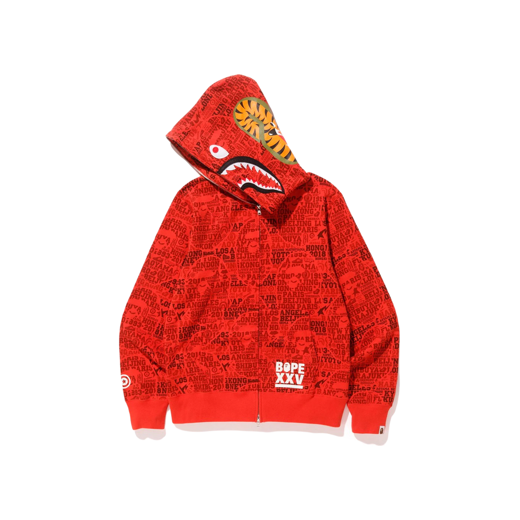 A Bathing Ape XXV Cities Camo Shark Full Zip Hoodie - Red - Used